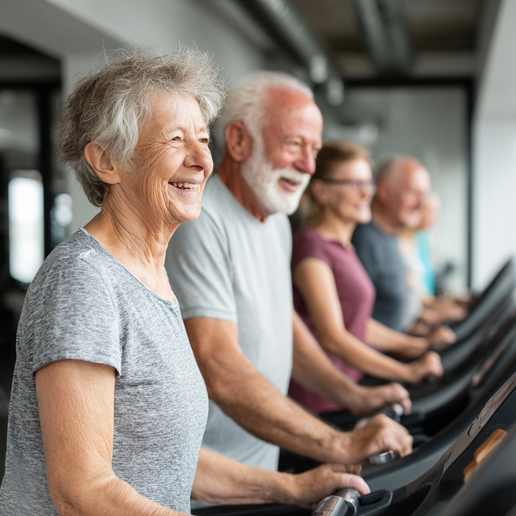 Усмихната жена на средна възраст с европейска външност в спортни дрехи, показваща увереност и сила след редовни тренировки