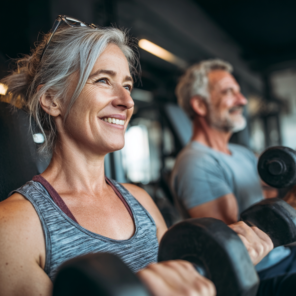 Професионален треньор с европейска zewnrност на 35-40 години, усмихнат и уверен, демонстриращ упражнения в модерна фитнес зала