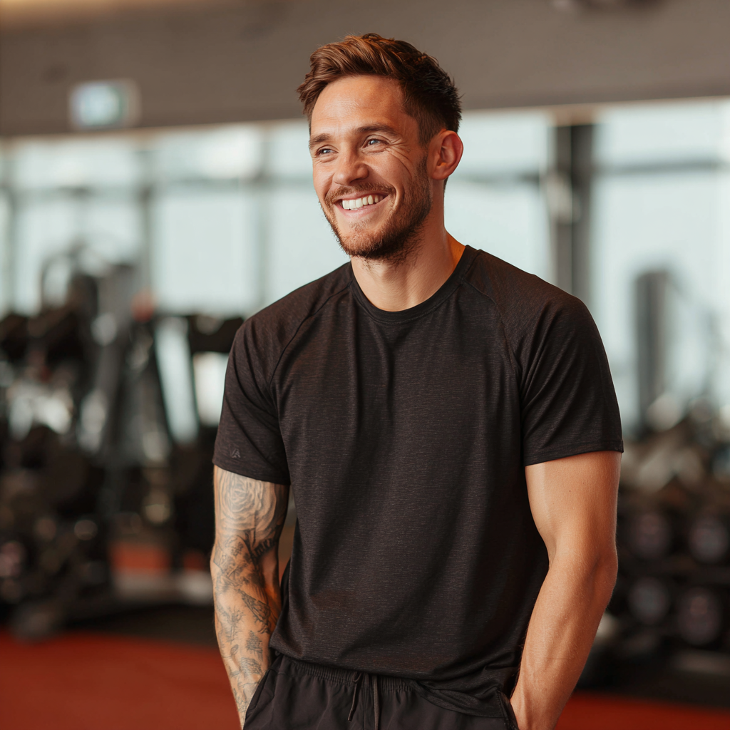 Усмихната жена на средна възраст с европейска външност, изпълняваща стреч упражнения на открито, демонстрираща здравословна подвижност на ставите